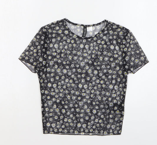 H&M Womens Black Floral Polyester Cropped T-Shirt Size S Round Neck