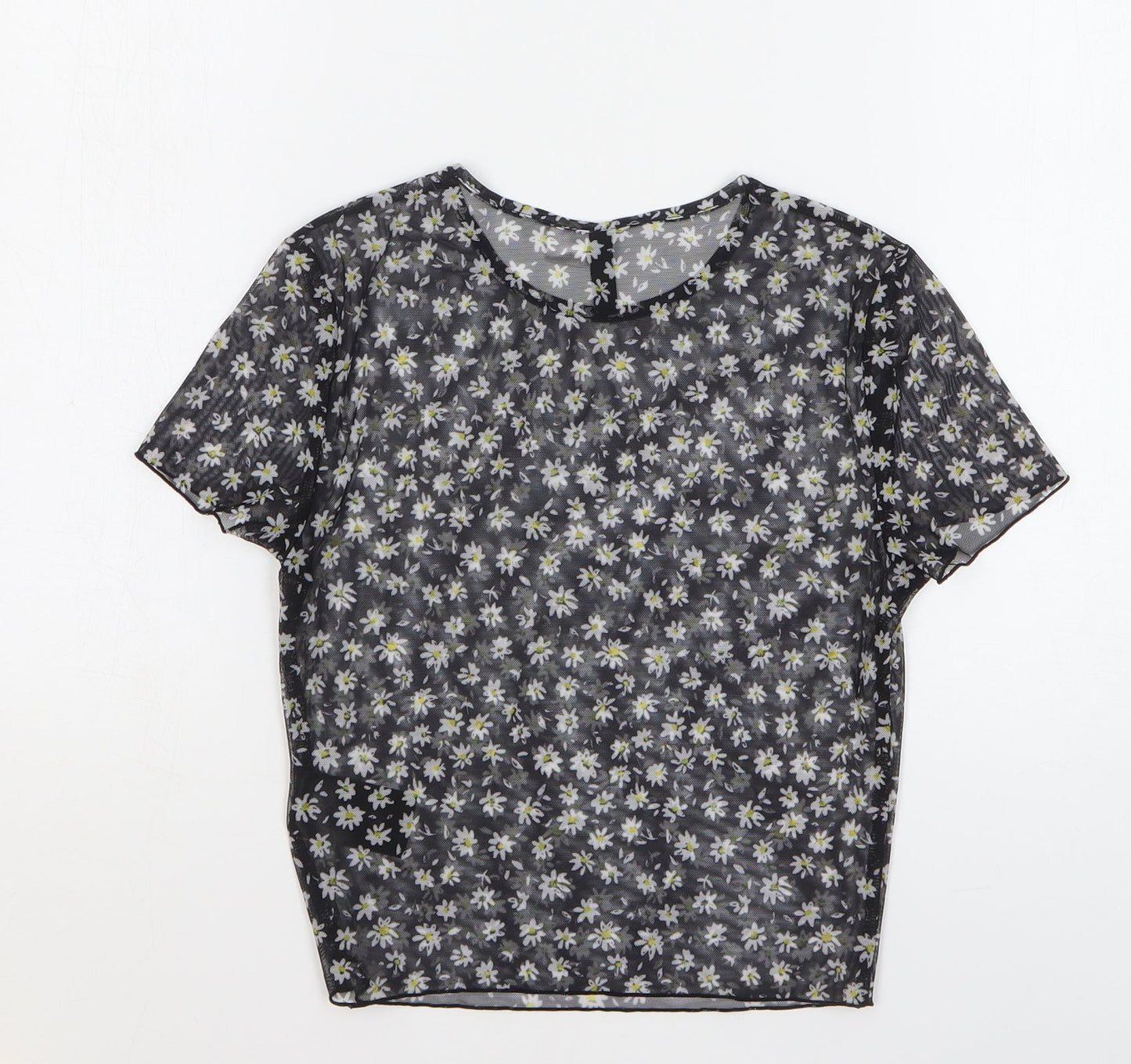 H&M Womens Black Floral Polyester Cropped T-Shirt Size S Round Neck