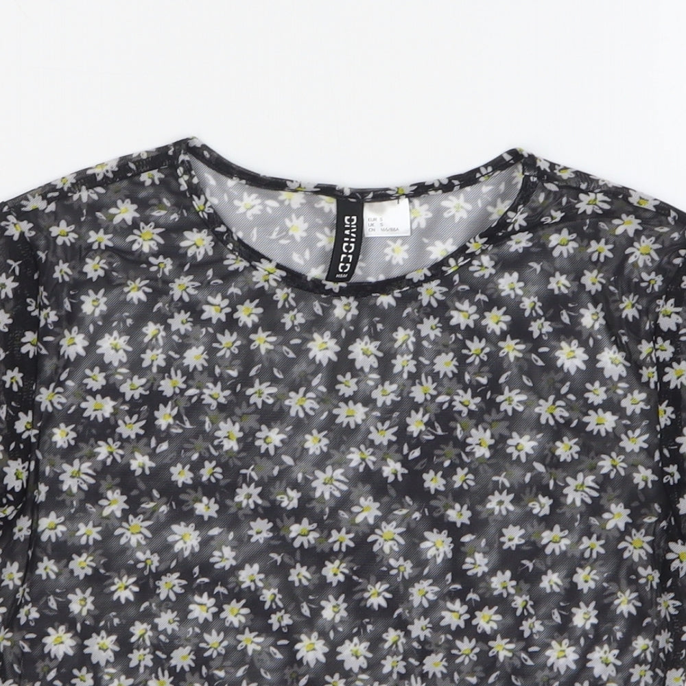 H&M Womens Black Floral Polyester Cropped T-Shirt Size S Round Neck