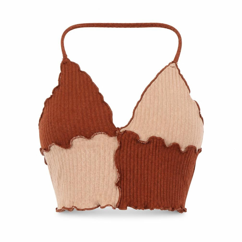 SheIn Womens Brown Colourblock Polyester Cropped Tank Size M V-Neck