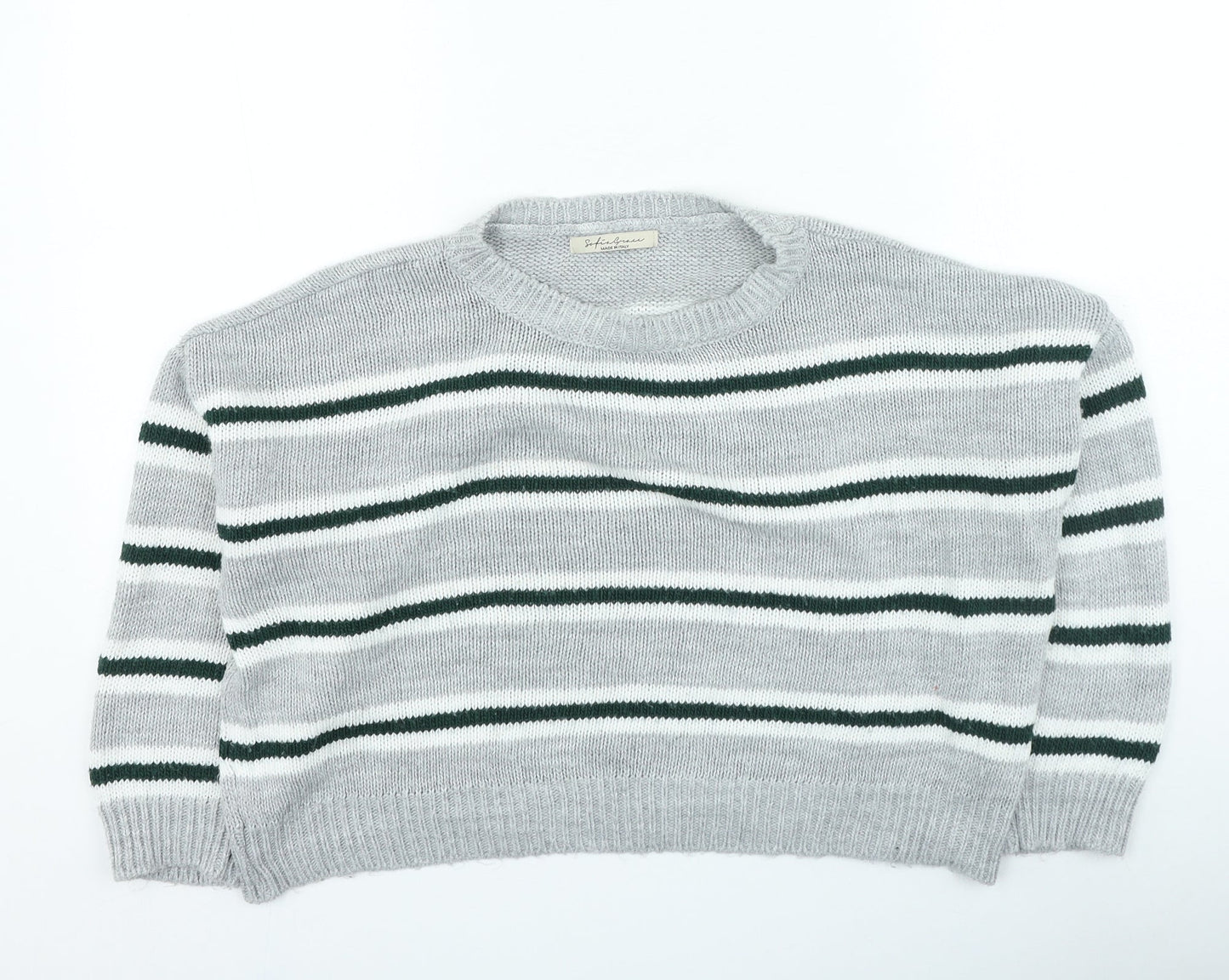 Preworn Womens Grey Round Neck Striped Acrylic Pullover Jumper Size M