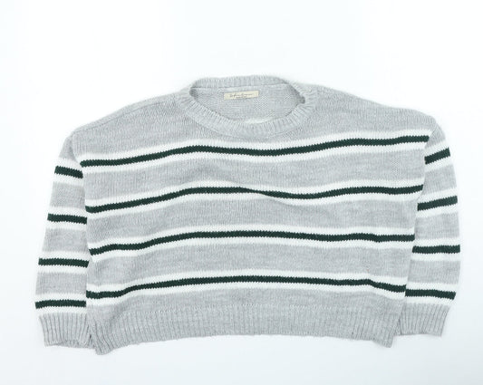 Preworn Womens Grey Round Neck Striped Acrylic Pullover Jumper Size M