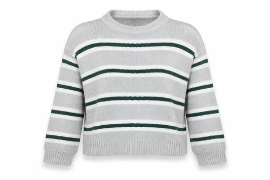 Preworn Womens Grey Round Neck Striped Acrylic Pullover Jumper Size M