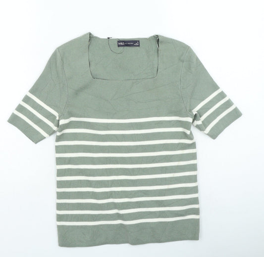 Marks and Spencer Womens Green Square Neck Striped Acrylic Pullover Jumper Size 10