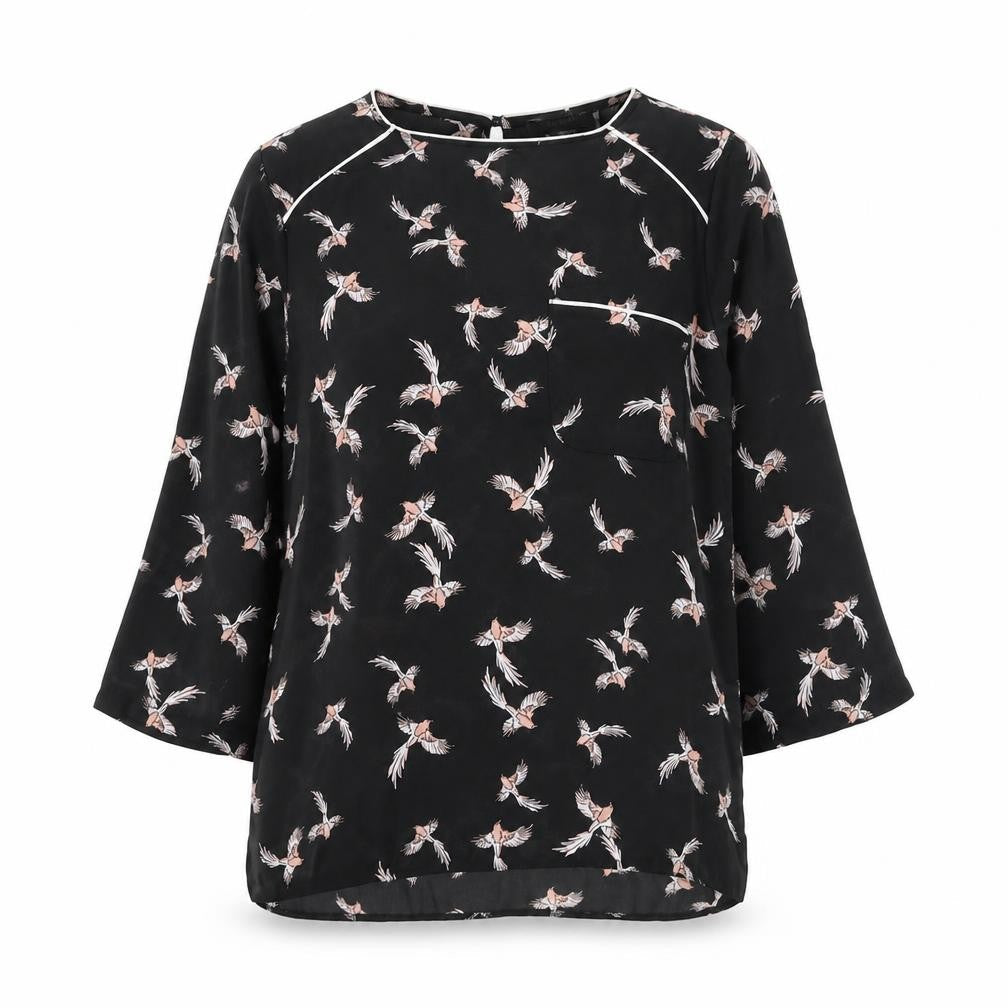 Primark Womens Black Geometric Polyester Basic Blouse Size 6 Round Neck - Bird