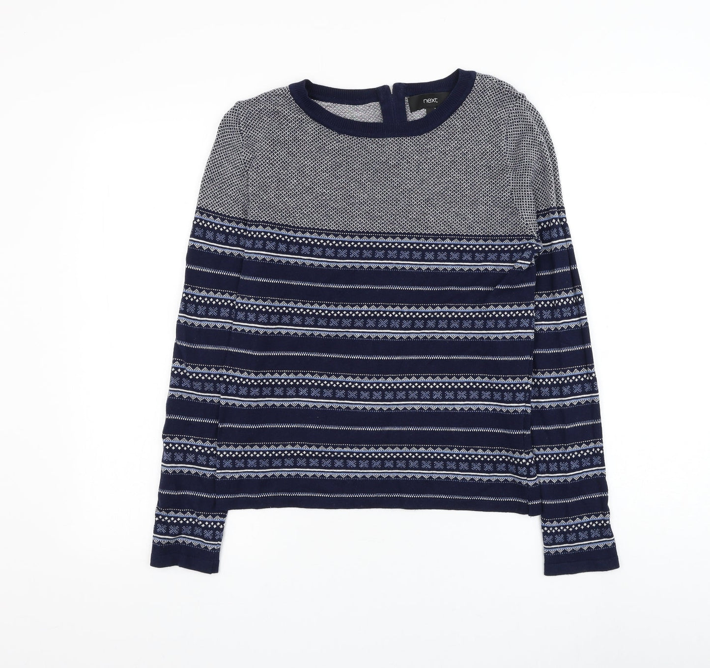 NEXT Womens Blue Round Neck Geometric Cotton Pullover Jumper Size 8
