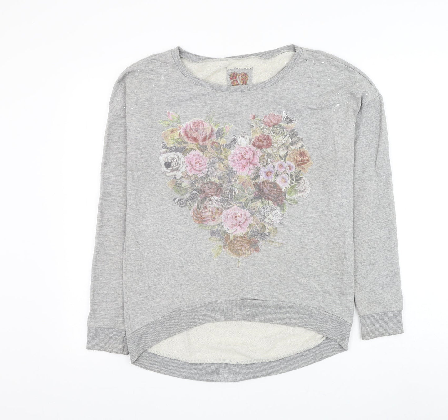 Dunnes Stores Womens Grey Cotton Pullover Sweatshirt Size S Pullover - Floral Heart