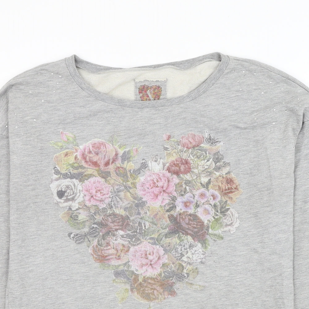 Dunnes Stores Womens Grey Cotton Pullover Sweatshirt Size S Pullover - Floral Heart