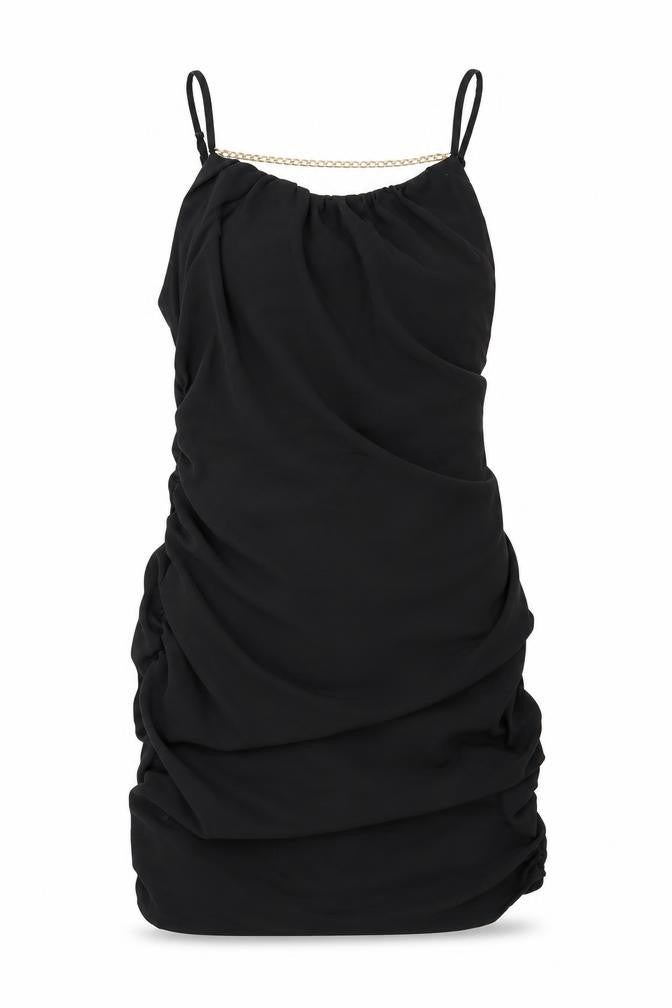 NaaNaa Womens Black Polyester Mini Size 12 Round Neck Pullover - Chain Detail Ruched Sides