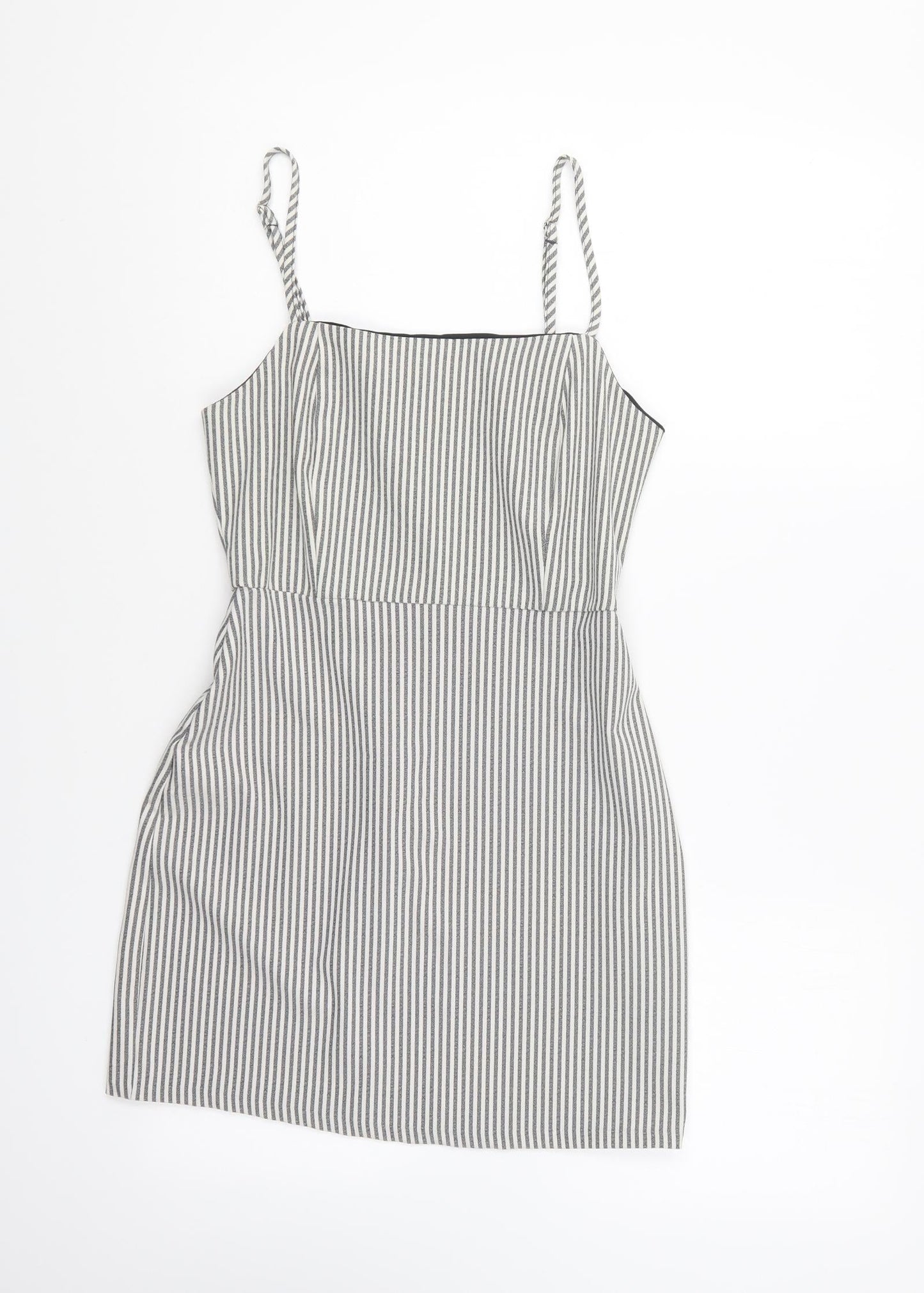 Pull&Bear Womens Grey Striped Polyester A-Line Size S Square Neck Zip