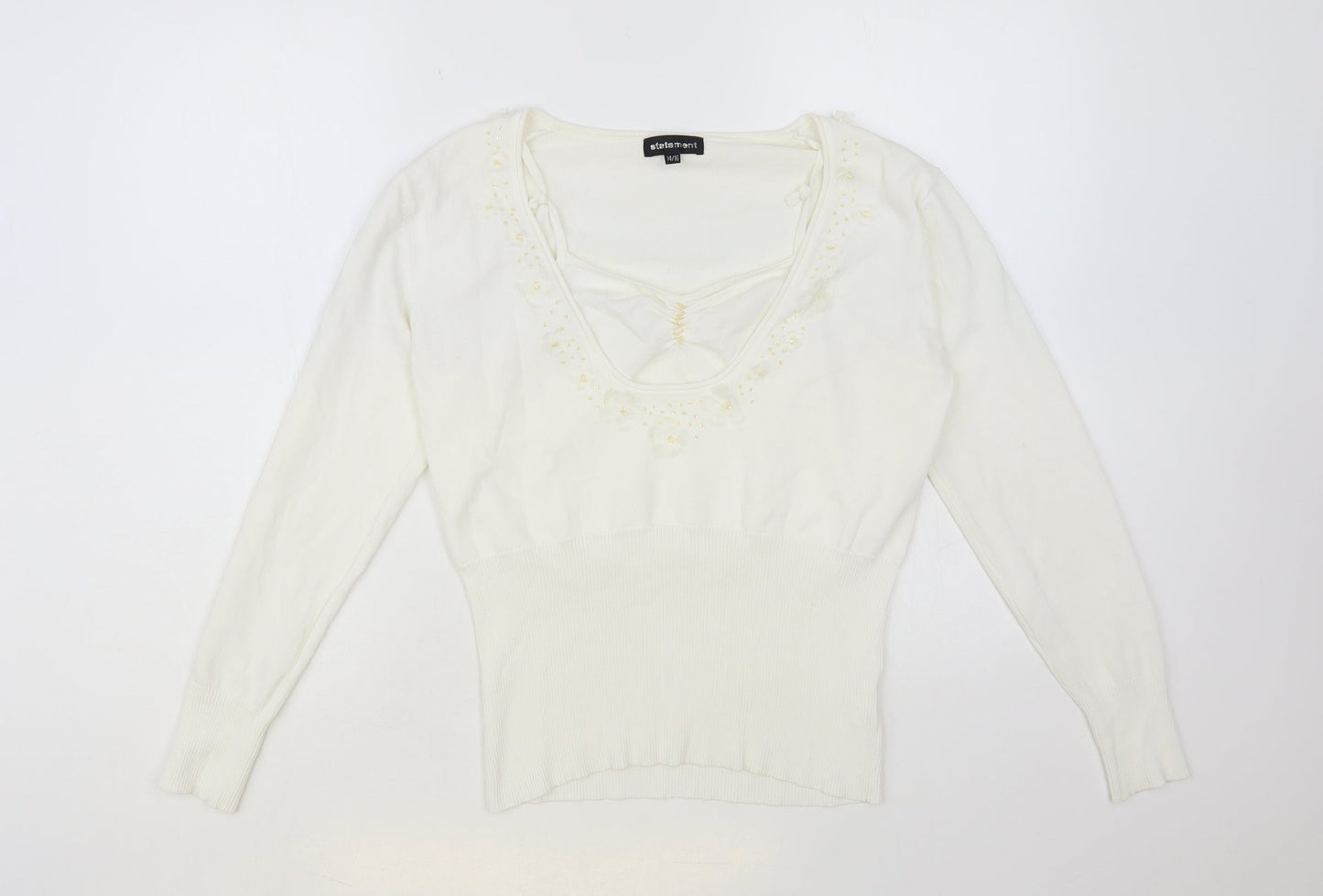 Statement Womens White Scoop Neck Viscose Pullover Jumper Size 14 - 3D Flowers
