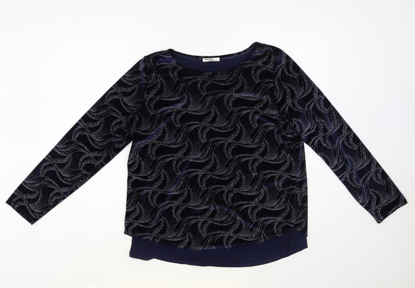 Gerard Womens Blue Geometric Polyester Basic Blouse Size 14 Boat Neck