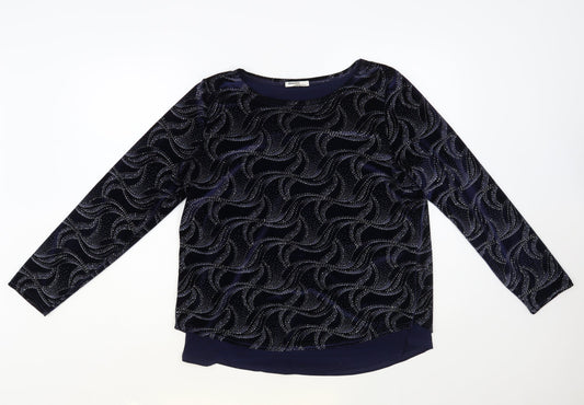 Gerard Womens Blue Geometric Polyester Basic Blouse Size 14 Boat Neck