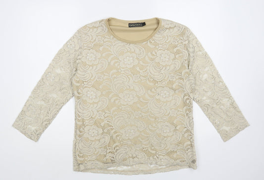 Paramour Womens Beige Floral Nylon Basic Blouse Size L Round Neck - Lace Overlay