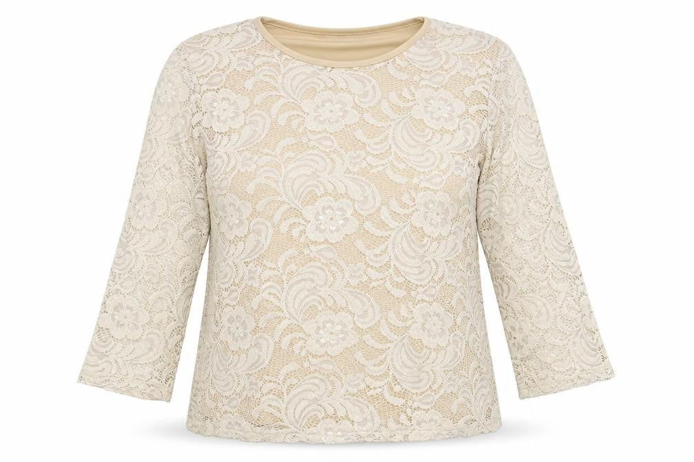 Paramour Womens Beige Floral Nylon Basic Blouse Size L Round Neck - Lace Overlay