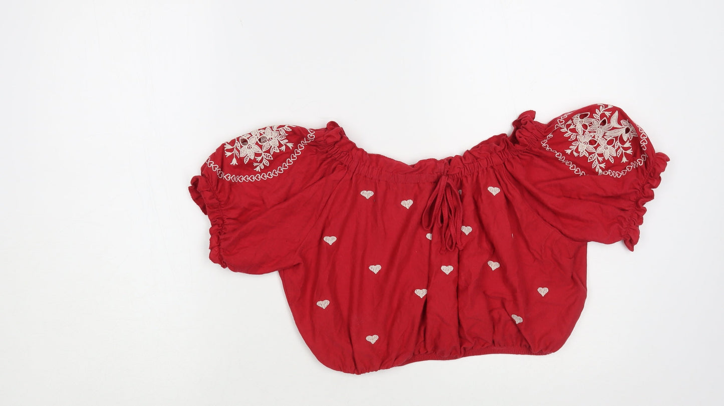 Topshop Womens Red Geometric Cotton Cropped Blouse Size 8 Off the Shoulder - Heart Pattern