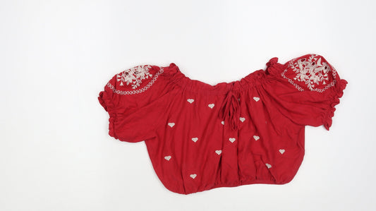 Topshop Womens Red Geometric Cotton Cropped Blouse Size 8 Off the Shoulder - Heart Pattern