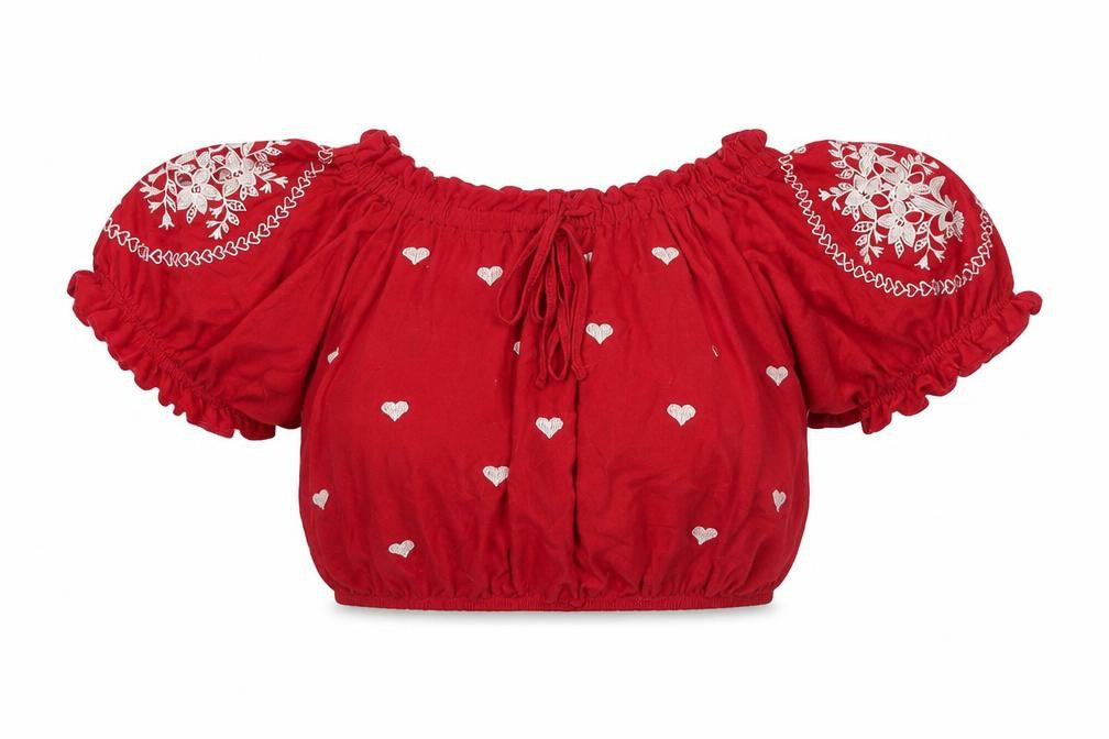 Topshop Womens Red Geometric Cotton Cropped Blouse Size 8 Off the Shoulder - Heart Pattern