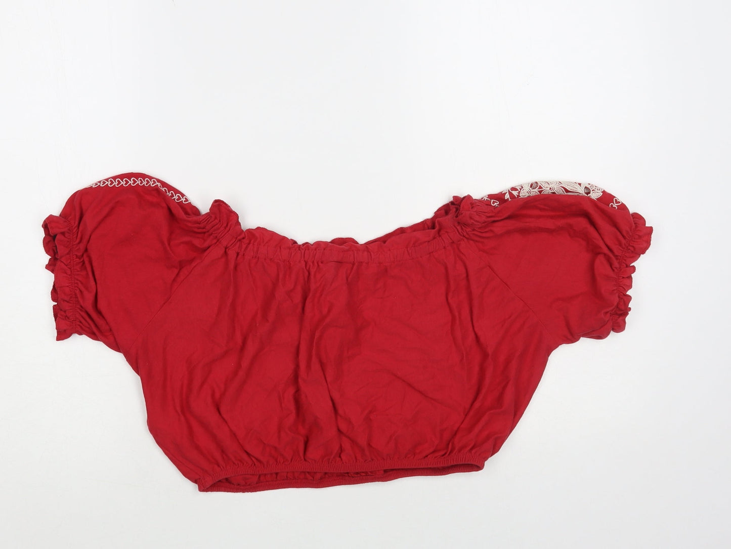 Topshop Womens Red Geometric Cotton Cropped Blouse Size 8 Off the Shoulder - Heart Pattern