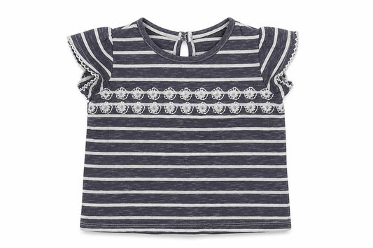 Next Girls Grey Striped Cotton Basic T-Shirt Size 9-12 Months Round Neck Button - Flowers