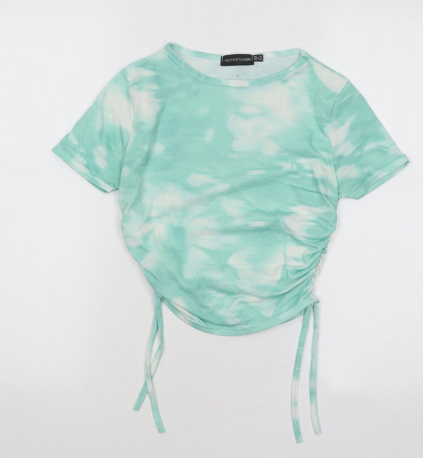 PRETTYLITTLETHING Womens Green Geometric Polyester Basic T-Shirt Size 6 Round Neck - Tie Dye Ruched