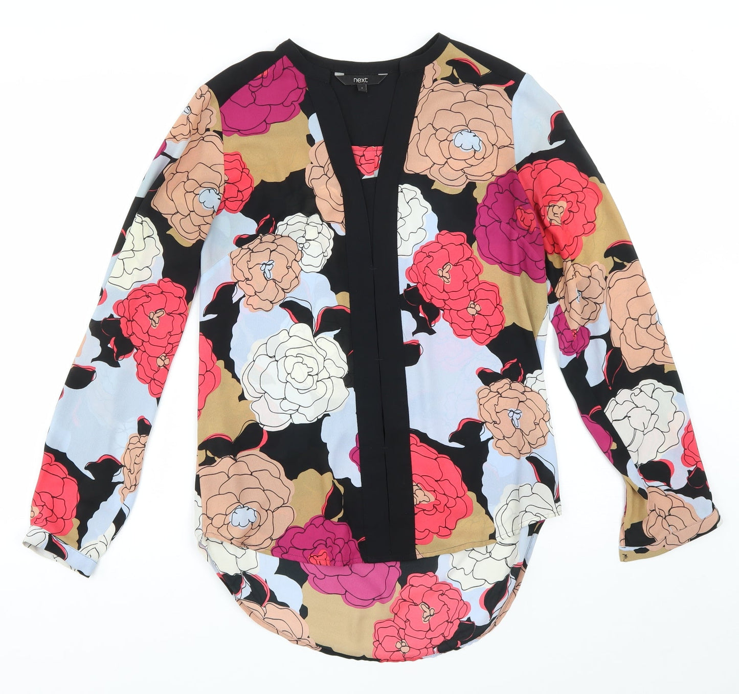 NEXT Womens Black Floral Polyester Basic Blouse Size 8 V-Neck