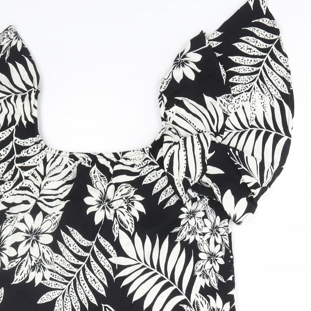 F&F Womens Black Floral Viscose Basic Blouse Size 8 Square Neck