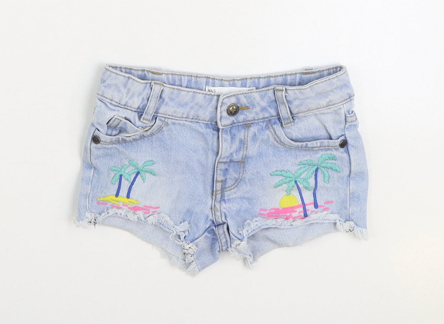 Marks and Spencer Girls Blue 100% Cotton Hot Pants Shorts Size 2-3 Years Regular Zip - palm trees