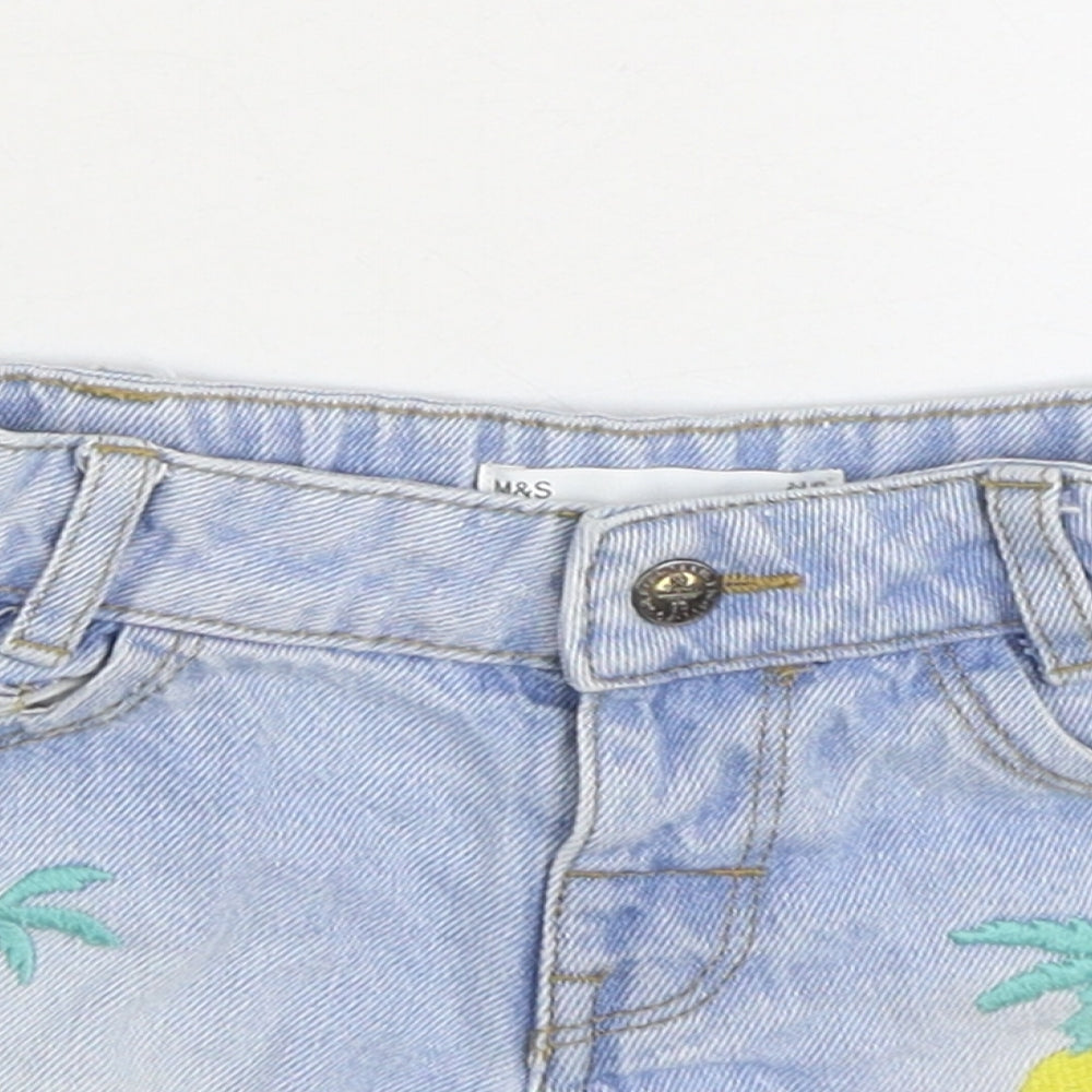 Marks and Spencer Girls Blue 100% Cotton Hot Pants Shorts Size 2-3 Years Regular Zip - palm trees