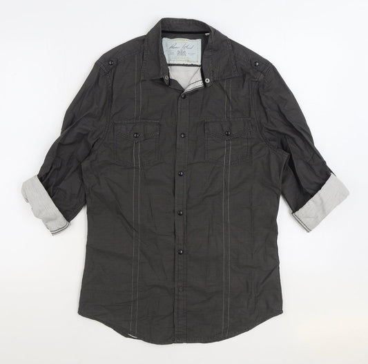 River Island Mens Grey Cotton Button-Up Size S Collared Snap