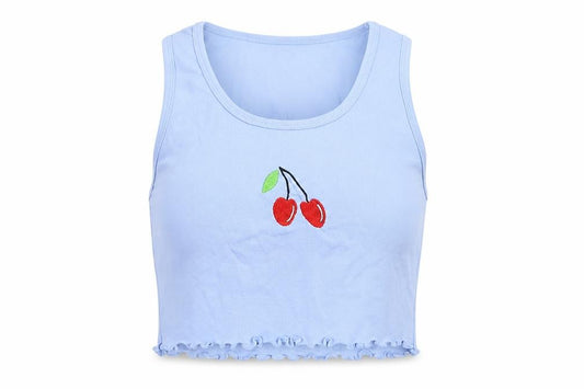 Boohoo Womens Blue Cotton Cropped Tank Size 4 Round Neck - Cherry Lettuce Hem