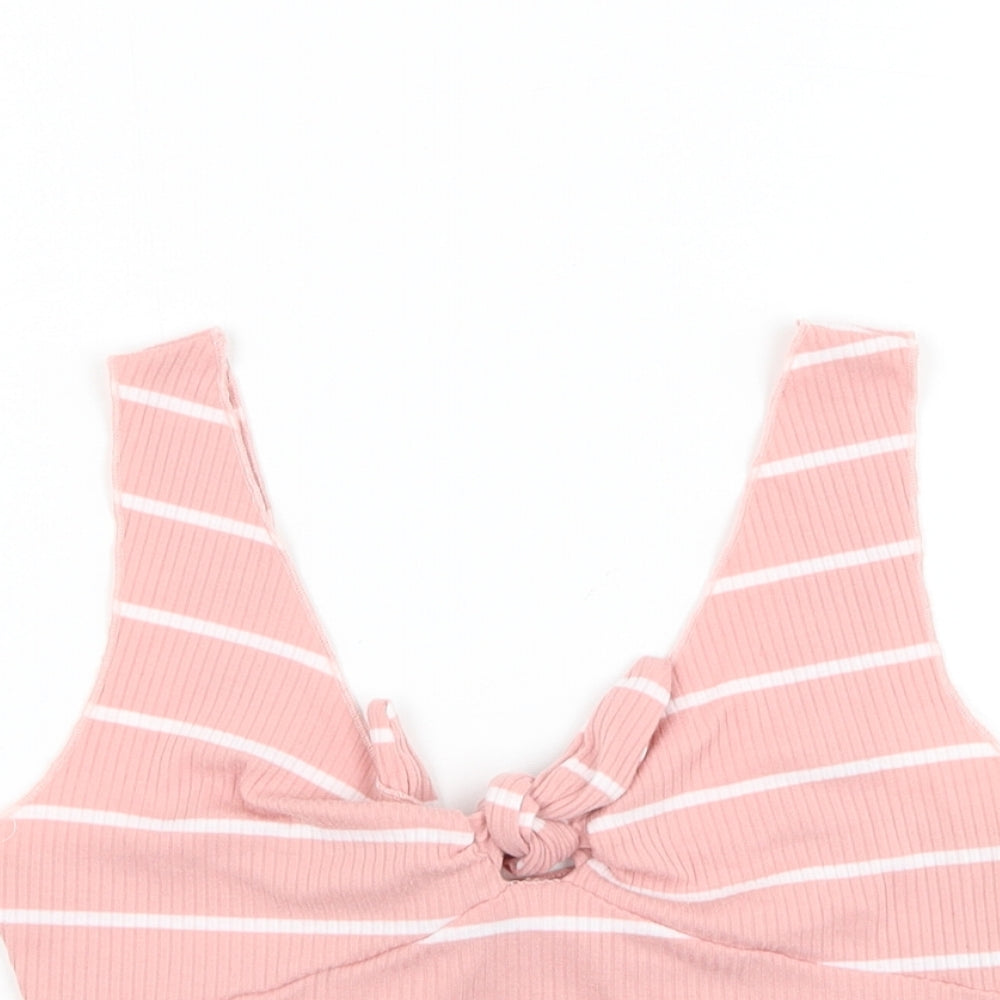 ROMWE Womens Pink Striped Cotton Cropped Tank Size XS V-Neck