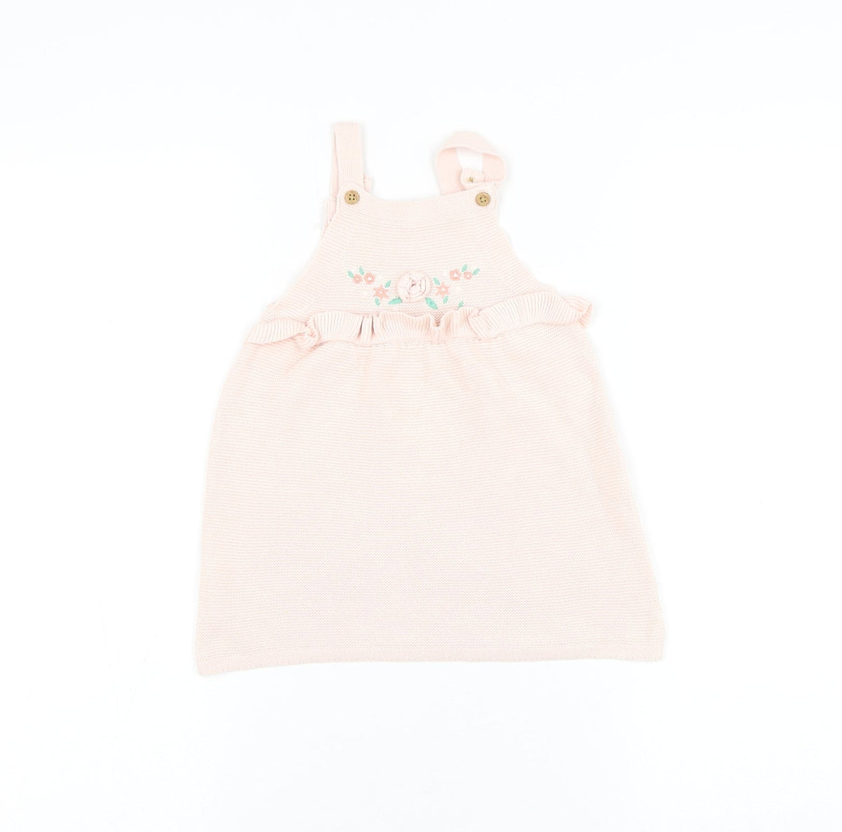 F&F Girls Pink Cotton Pinafore/Dungaree Dress Size 12-18 Months Square Neck Button - Flower