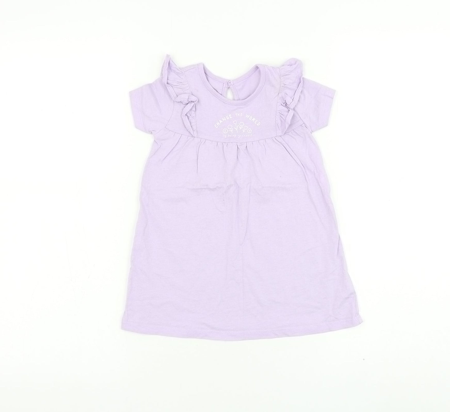 George Girls Purple Cotton T-Shirt Dress Size 12-18 Months Round Neck Button - Change The World