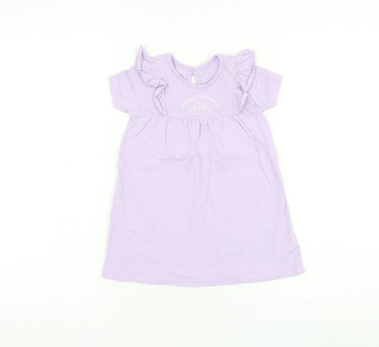 George Girls Purple Cotton T-Shirt Dress Size 12-18 Months Round Neck Button - Change The World