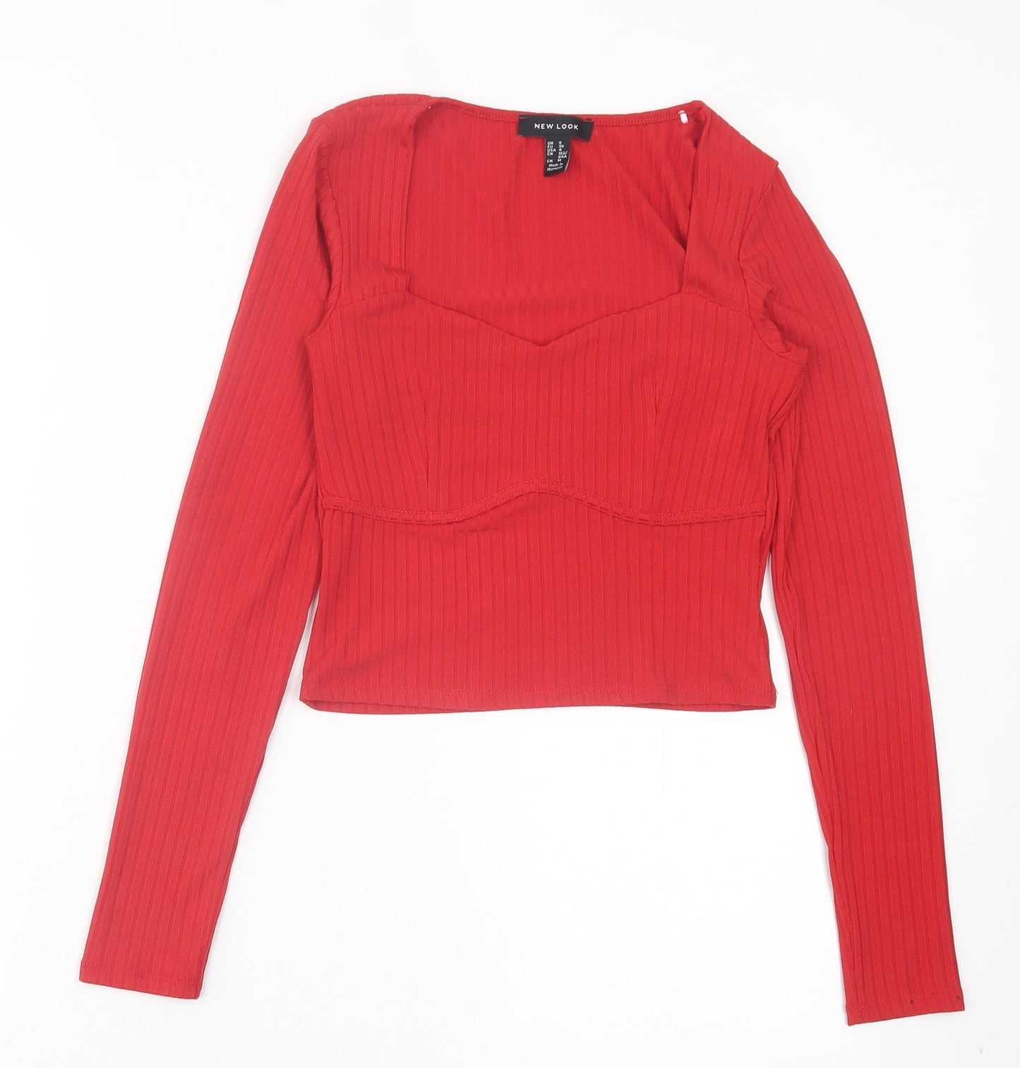 New Look Womens Red Polyester Cropped T-Shirt Size 8 Square Neck - Ribbed Fabric