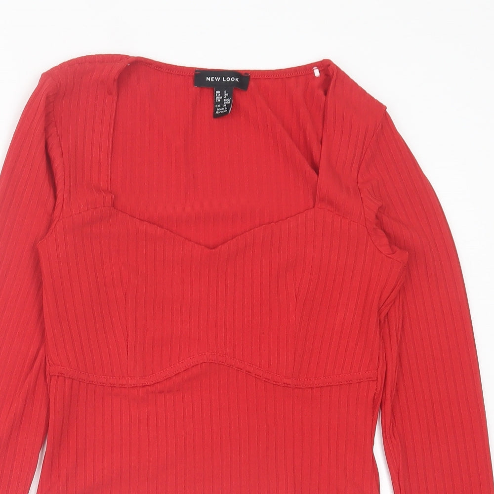 New Look Womens Red Polyester Cropped T-Shirt Size 8 Square Neck - Ribbed Fabric
