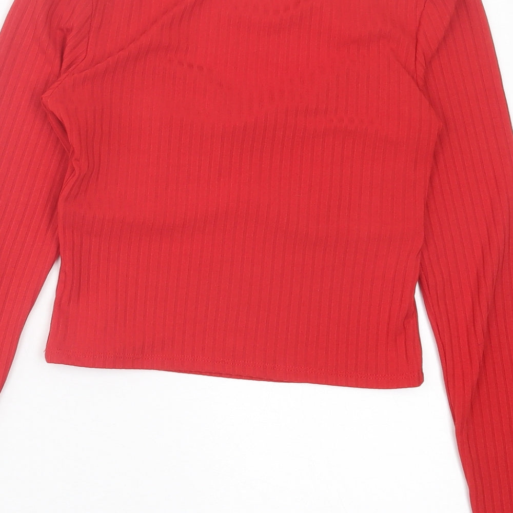 New Look Womens Red Polyester Cropped T-Shirt Size 8 Square Neck - Ribbed Fabric