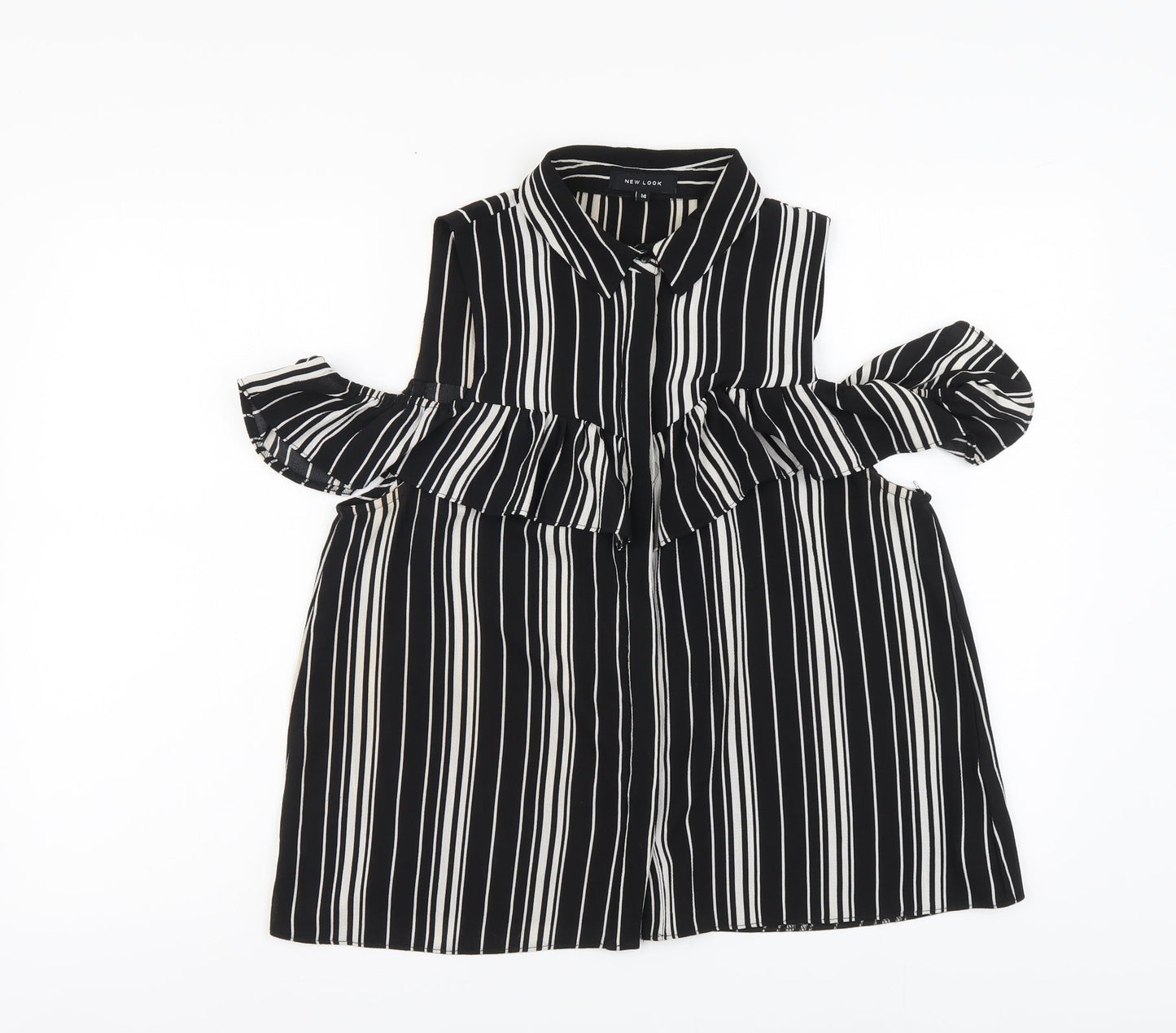 New Look Womens Black Striped Polyester Basic Button-Up Size 14 Collared