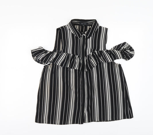 New Look Womens Black Striped Polyester Basic Button-Up Size 14 Collared