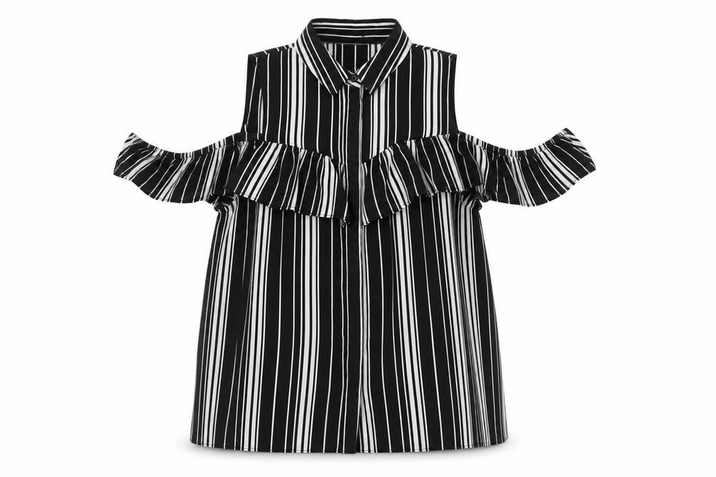 New Look Womens Black Striped Polyester Basic Button-Up Size 14 Collared