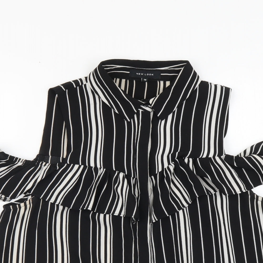 New Look Womens Black Striped Polyester Basic Button-Up Size 14 Collared