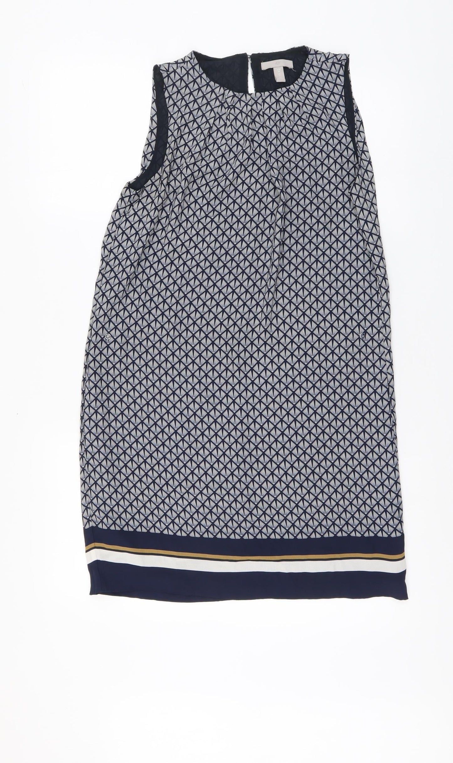 H&M Womens Blue Geometric Polyester A-Line Size 6 Round Neck Button