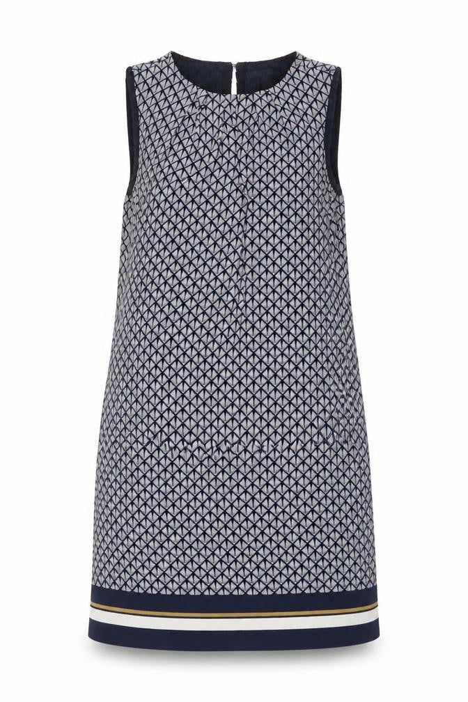 H&M Womens Blue Geometric Polyester A-Line Size 6 Round Neck Button