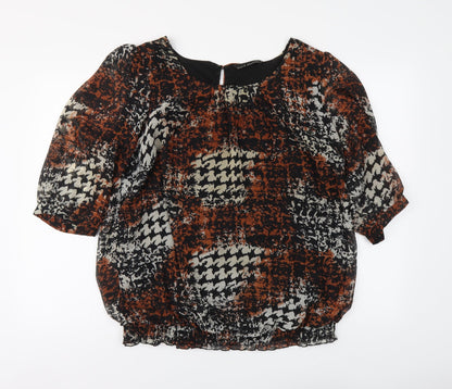David Emanuel Womens Brown Geometric Polyester Basic Blouse Size 8 Round Neck