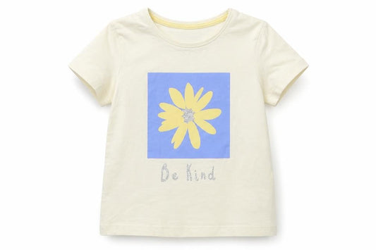 Primark Girls Beige Cotton Basic T-Shirt Size 3-4 Years Round Neck Pullover - Be Kind Flower
