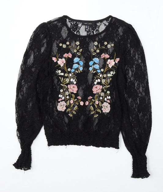New Look Womens Black Floral Polyamide Basic Blouse Size 6 Round Neck