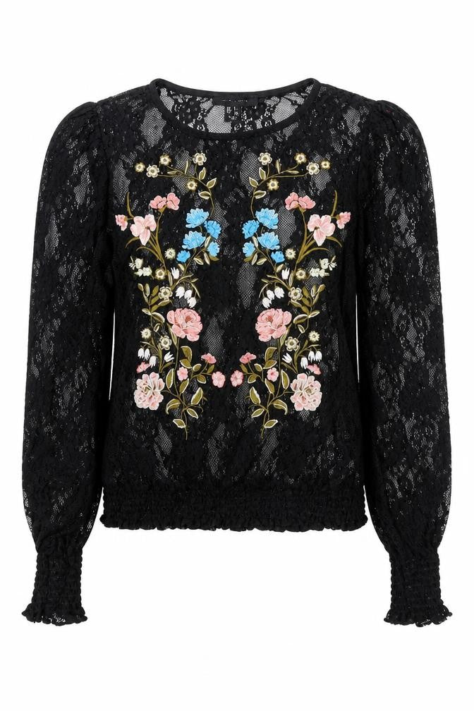 New Look Womens Black Floral Polyamide Basic Blouse Size 6 Round Neck