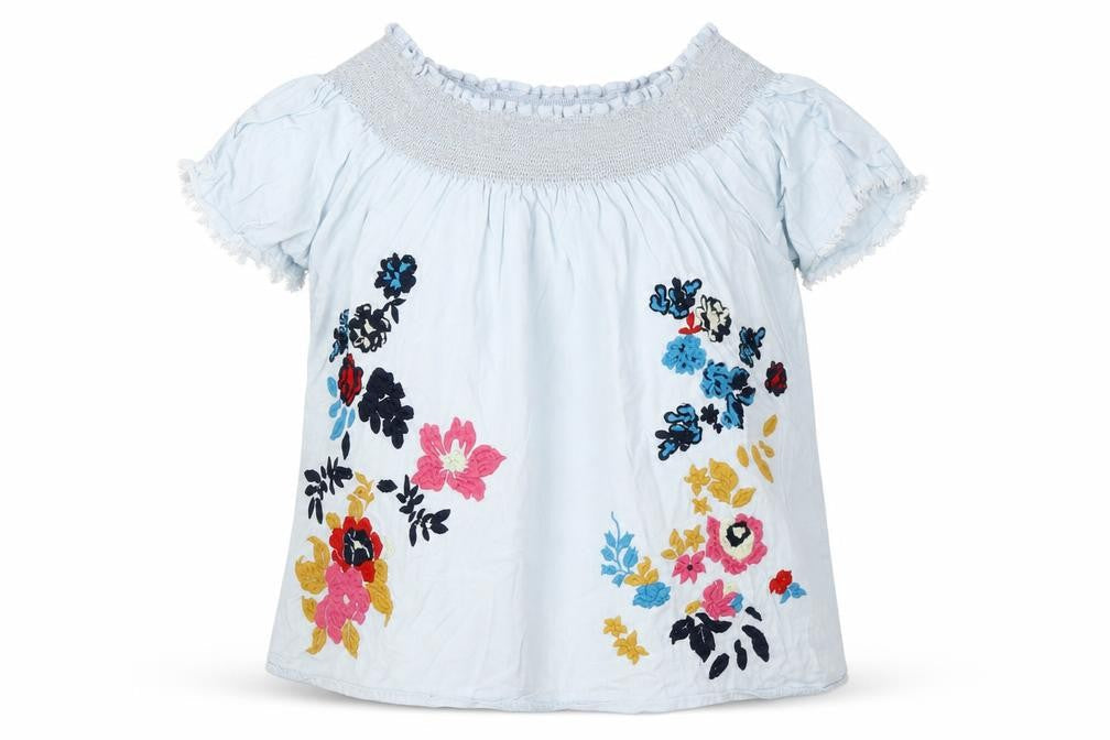 Denim & Co. Womens Blue Floral Cotton Basic Blouse Size 12 Round Neck