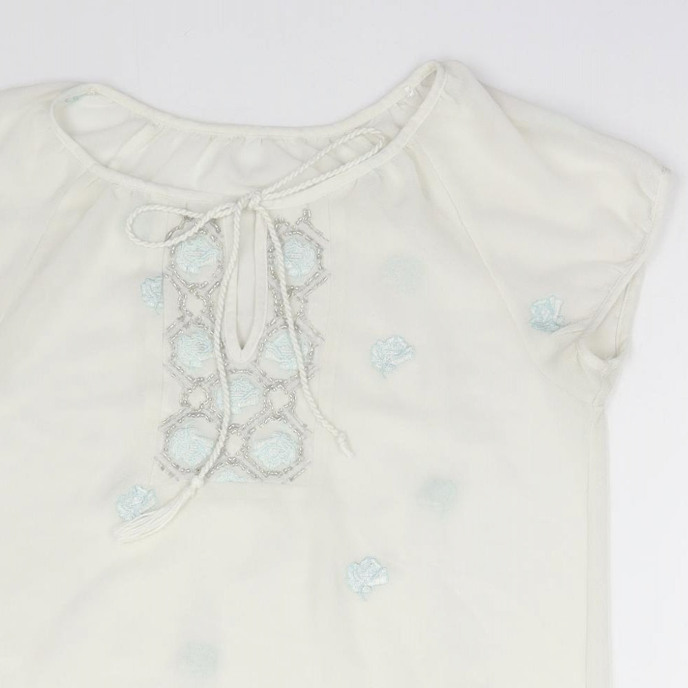 Preworn Womens White Floral Polyester Basic Blouse Size M Round Neck
